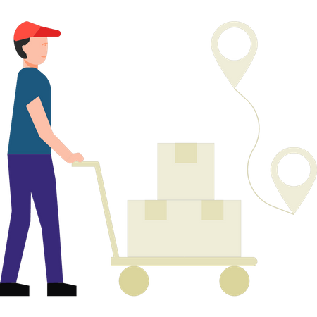Homme transportant un chariot à colis  Illustration