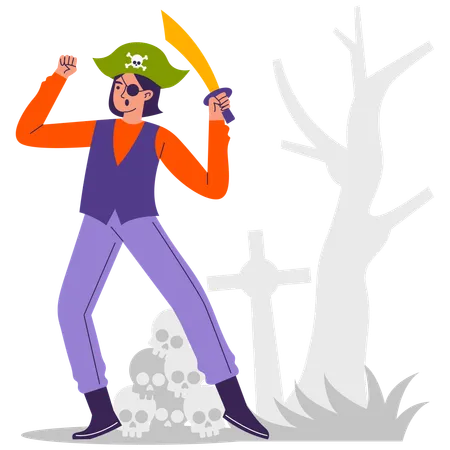 Homme portant un costume de pirate pour la fête d'Halloween  Illustration