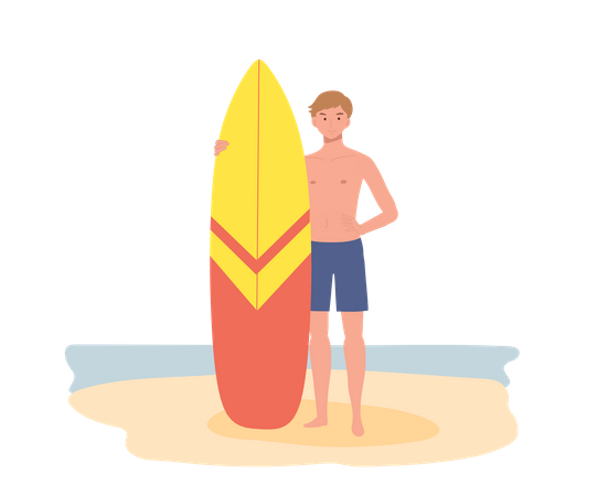 Homme portant un maillot de bain tout en tenant une planche de surf sur la plage  Illustration