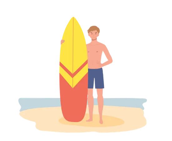 Homme portant un maillot de bain tout en tenant une planche de surf sur la plage  Illustration