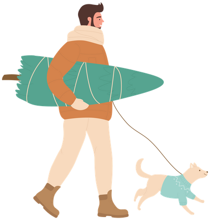 L'homme porte l'arbre de Noël avec le chien  Illustration