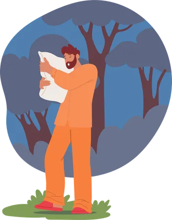 Un homme en pyjama est somnambule tout en tenant un oreiller dans un environnement forestier  Illustration