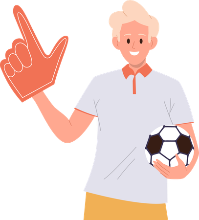 Homme positif fan de football tenant un ballon de football et une main en mousse  Illustration