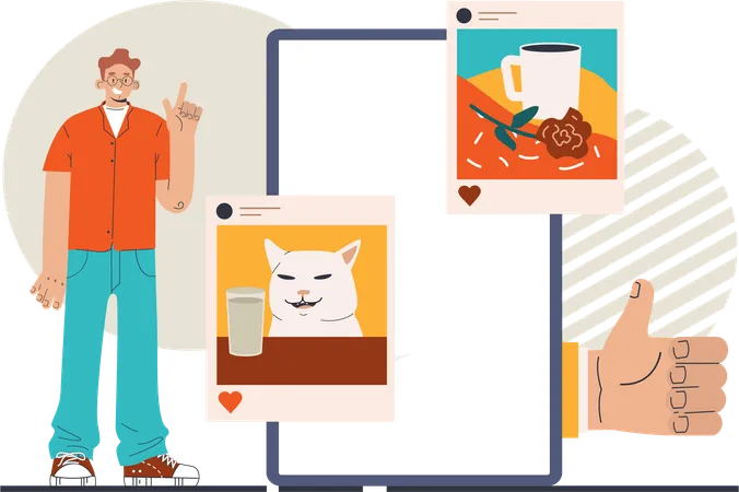 Un homme publie des images sur une application de réseau social  Illustration