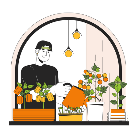 Homme, jardinage potager intérieur  Illustration