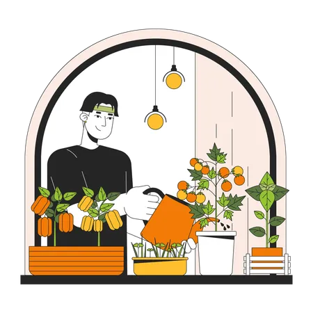 Homme, jardinage potager intérieur  Illustration