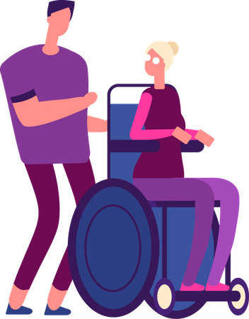 Homme poussant le fauteuil roulant d'une femme handicapée  Illustration