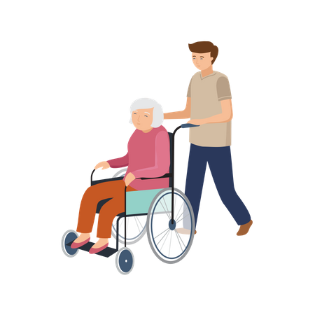Homme poussant un fauteuil roulant pour une vieille femme  Illustration