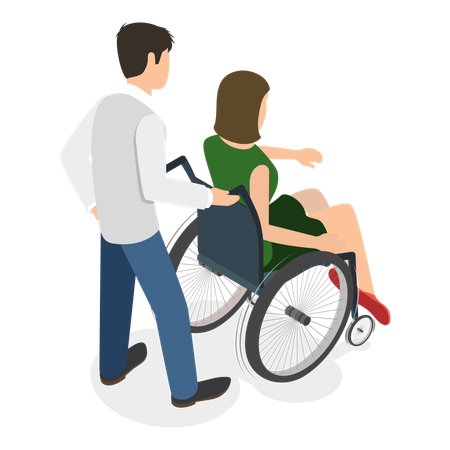 Homme poussant une femme handicapée assise en fauteuil roulant  Illustration