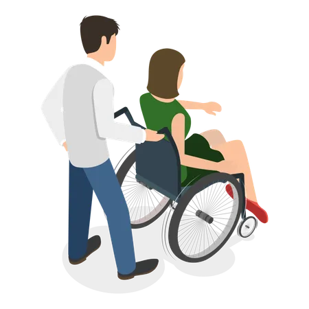 Homme poussant une femme handicapée assise en fauteuil roulant  Illustration