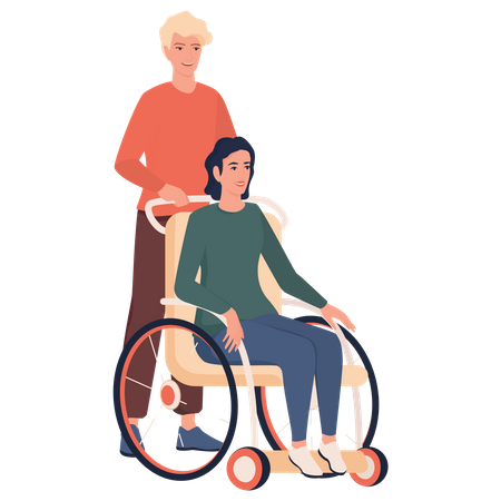 Homme poussant une femme handicapée assise en fauteuil roulant  Illustration