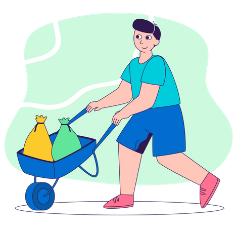 Homme poussant une charrette à bras pour sac poubelle  Illustration