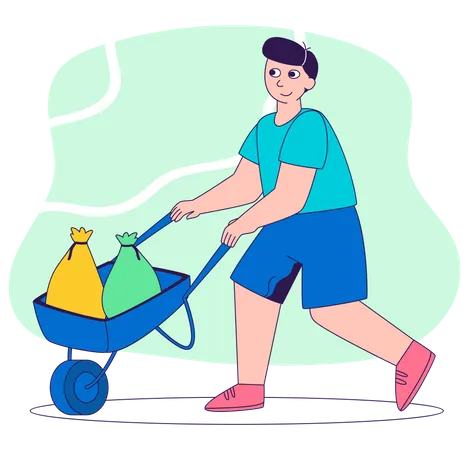 Homme poussant une charrette à bras pour sac poubelle  Illustration