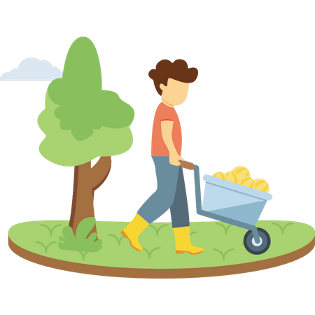 Homme poussant un chariot de fruits  Illustration
