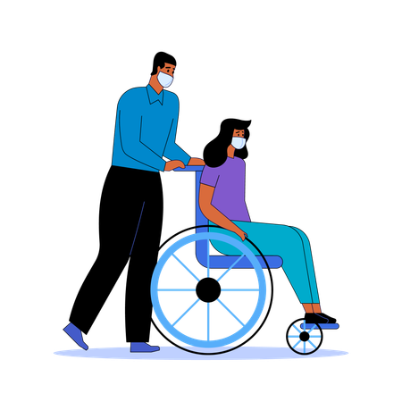 Un homme pousse une personne handicapée sur un fauteuil roulant  Illustration