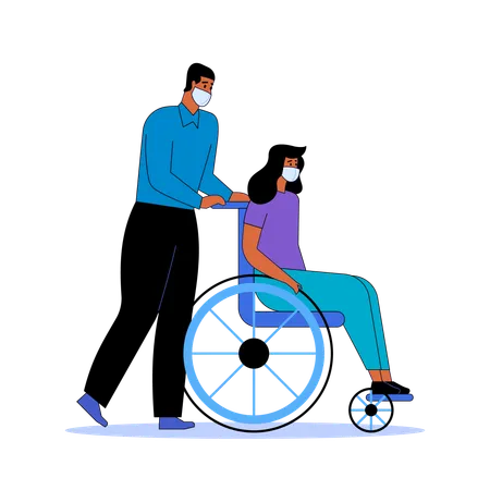 Un homme pousse une personne handicapée sur un fauteuil roulant  Illustration