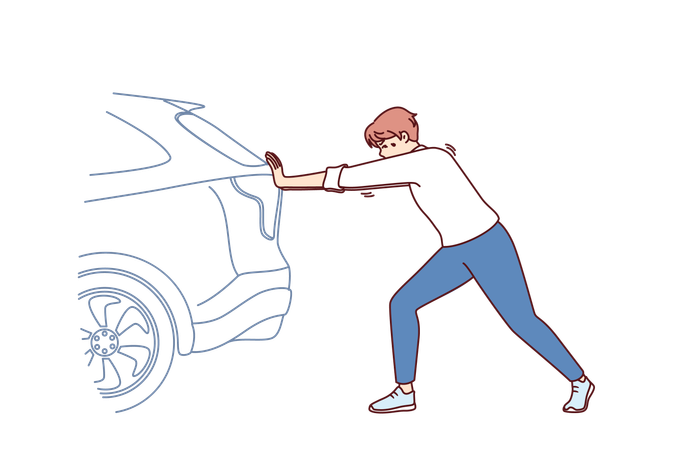 Un homme poussant une voiture cassée sur la route a besoin de l'aide d'un mécanicien automobile professionnel  Illustration