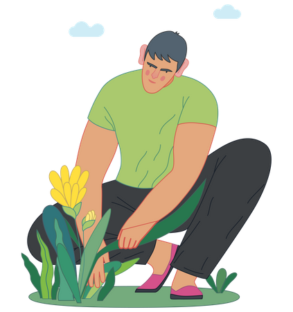 Homme plantant une fleur.  Illustration