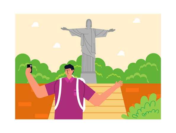 Homme prenant un selfie devant le Christ Rédempteur  Illustration