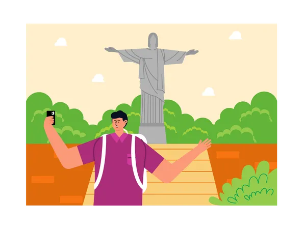 Homme prenant un selfie devant le Christ Rédempteur  Illustration