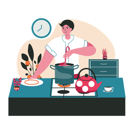 Homme préparant des plats faits maison dans la cuisine  Illustration