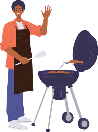 Homme préparant de la viande de steak barbecue sur le grill  Illustration