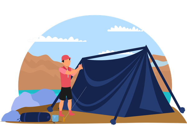 Homme préparant une tente de camping  Illustration