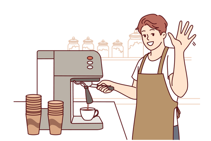 L'homme prépare le café du distributeur automatique  Illustration