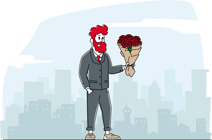 L'homme prépare un bouquet de fleurs présent à sa petite amie  Illustration