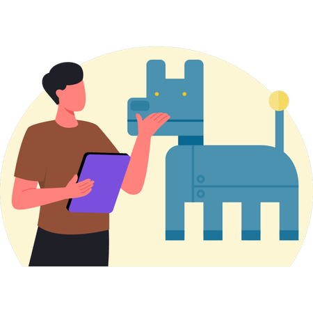 Homme présentant un chien robot  Illustration