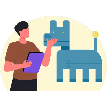 Homme présentant un chien robot  Illustration