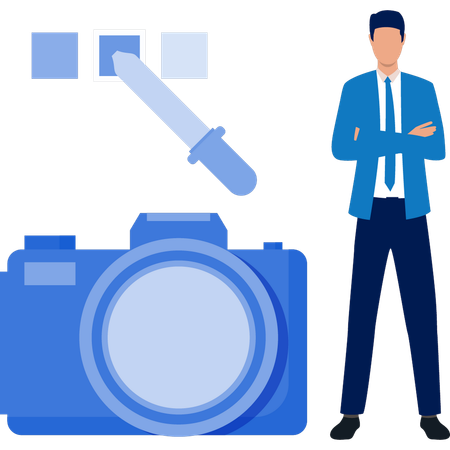 Homme présentant un appareil photo numérique  Illustration