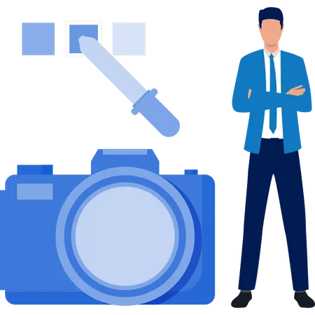 Homme présentant un appareil photo numérique  Illustration