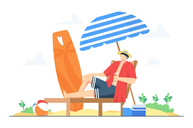 Homme profitant des vacances d'été à la plage  Illustration