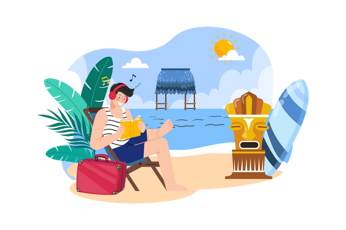 Homme profitant des vacances d'été à la plage  Illustration