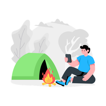 Homme appréciant le camping seul  Illustration