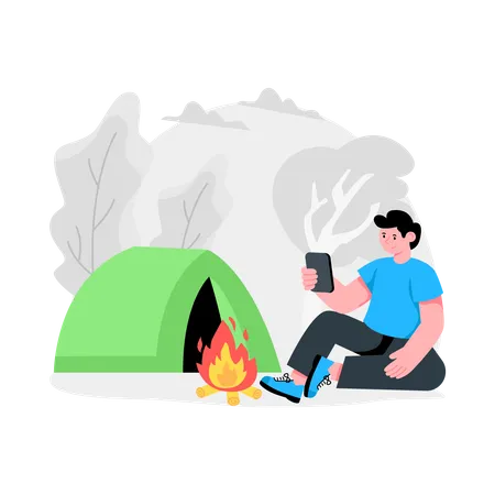 Homme appréciant le camping seul  Illustration