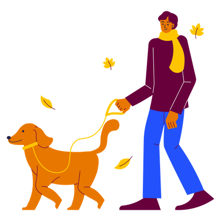 Homme qui marche avec un chien  Illustration