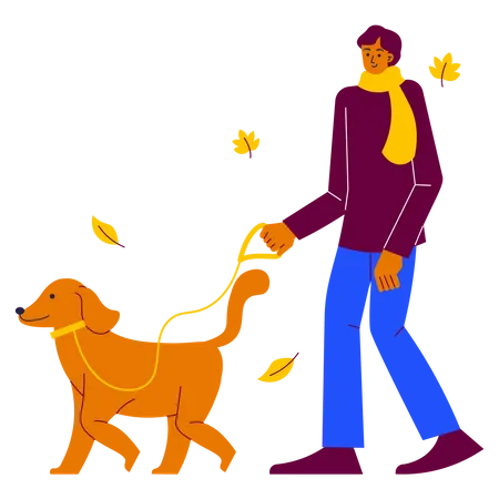 Homme qui marche avec un chien  Illustration