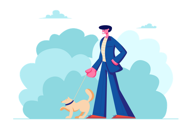 Homme marchant avec un chien à l'extérieur en été  Illustration