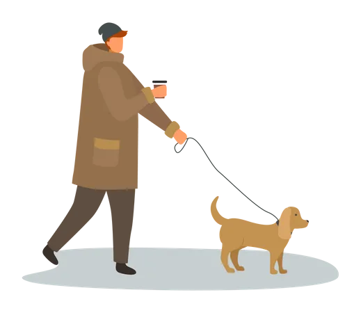 Homme marchant avec un chien pendant la saison d'automne  Illustration