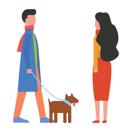 Homme marchant avec un chien tout en rencontrant un ami  Illustration