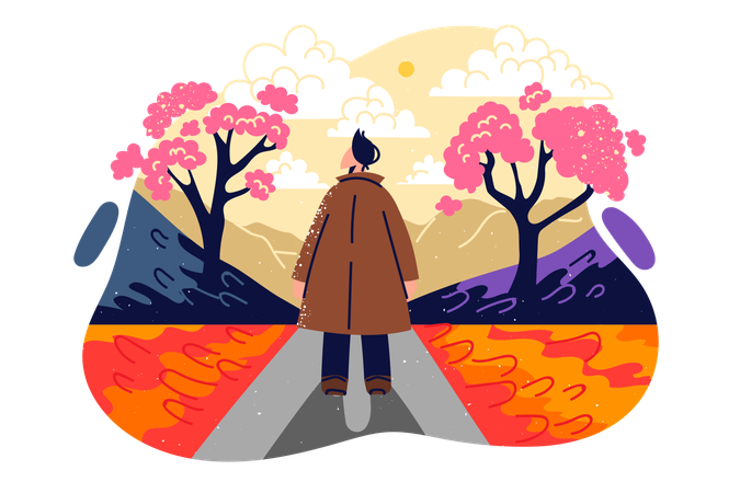 L’homme marche dans le parc en automne  Illustration