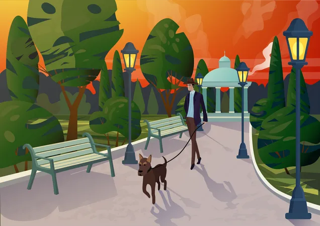 Homme qui promène son chien dans le parc  Illustration