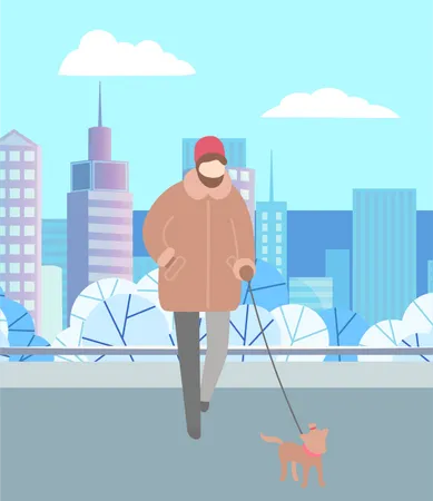 Homme marchant un chien de compagnie en hiver  Illustration