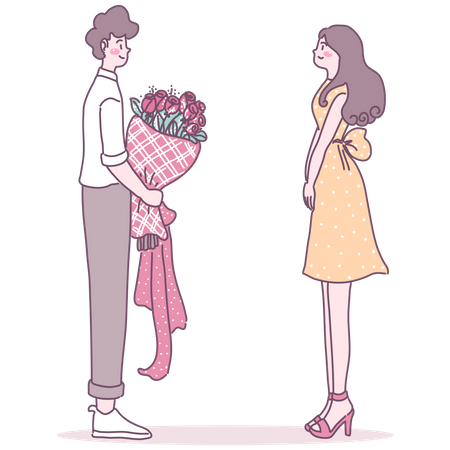 Homme proposant une femme avec un bouquet de fleurs  Illustration