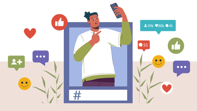 Un homme publie un selfie sur les réseaux sociaux  Illustration