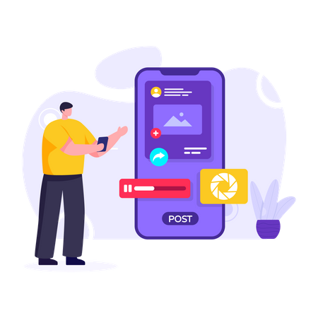 Homme publiant une mise à jour de son statut sur une application de réseau social  Illustration