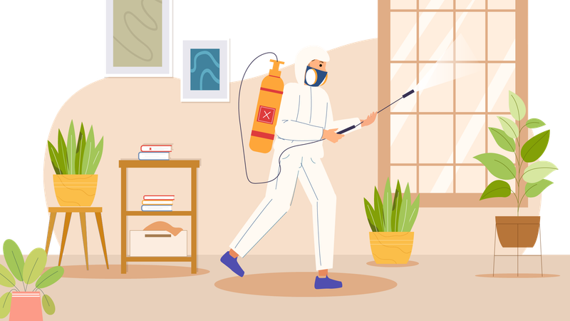 Un homme pulvérise un produit chimique antiparasitaire à la maison  Illustration