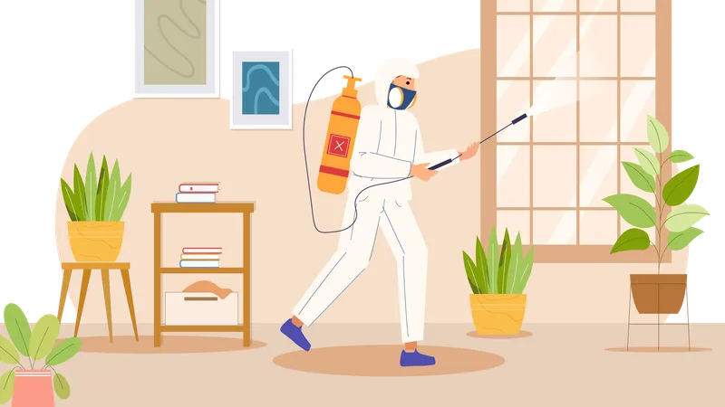 Un homme pulvérise un produit chimique antiparasitaire à la maison  Illustration